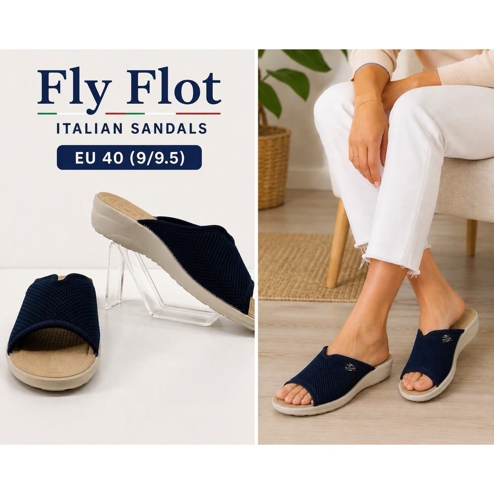 Fly Flot Italy Navy Mesh Slide Sandals Comfort Leather Footbed EU 40 US 9-9.5